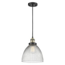 Seneca Falls Mini Pendant shown in the Black Antique Brass finish with a Clear Halophane shade