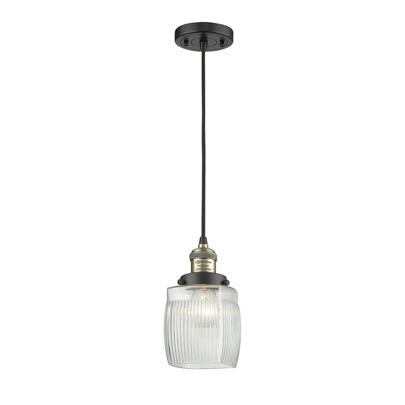 Colton Mini Pendant shown in the Black Antique Brass finish with a Clear Halophane shade