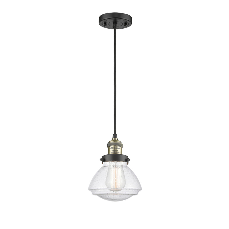 Olean Mini Pendant shown in the Black Antique Brass finish with a Seedy shade