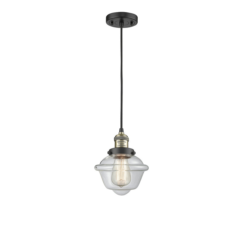 Oxford Mini Pendant shown in the Black Antique Brass finish with a Clear shade