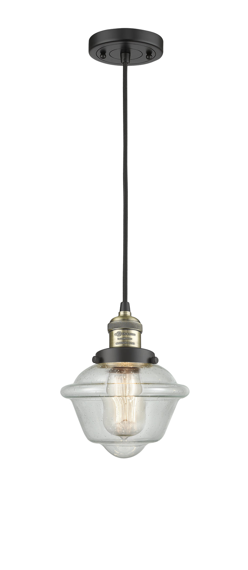 Innovations Lighting Small Oxford 1-100 watt 8 inch Black Antique Brass Mini Pendant with Seedy glass 201CBABG534