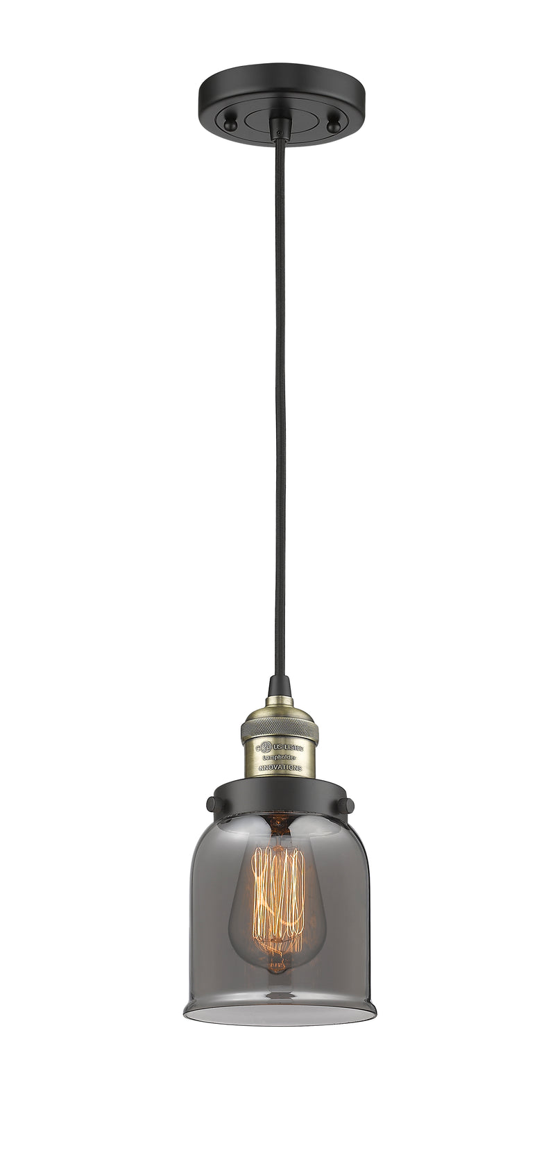 Innovations Lighting Small Bell 1-100 watt 5 inch Black Antique Brass Mini Pendant with Smoked glass 201CBABG53