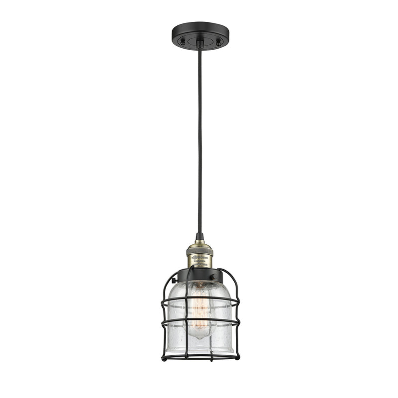 Bell Cage Mini Pendant shown in the Black Antique Brass finish with a Seedy shade