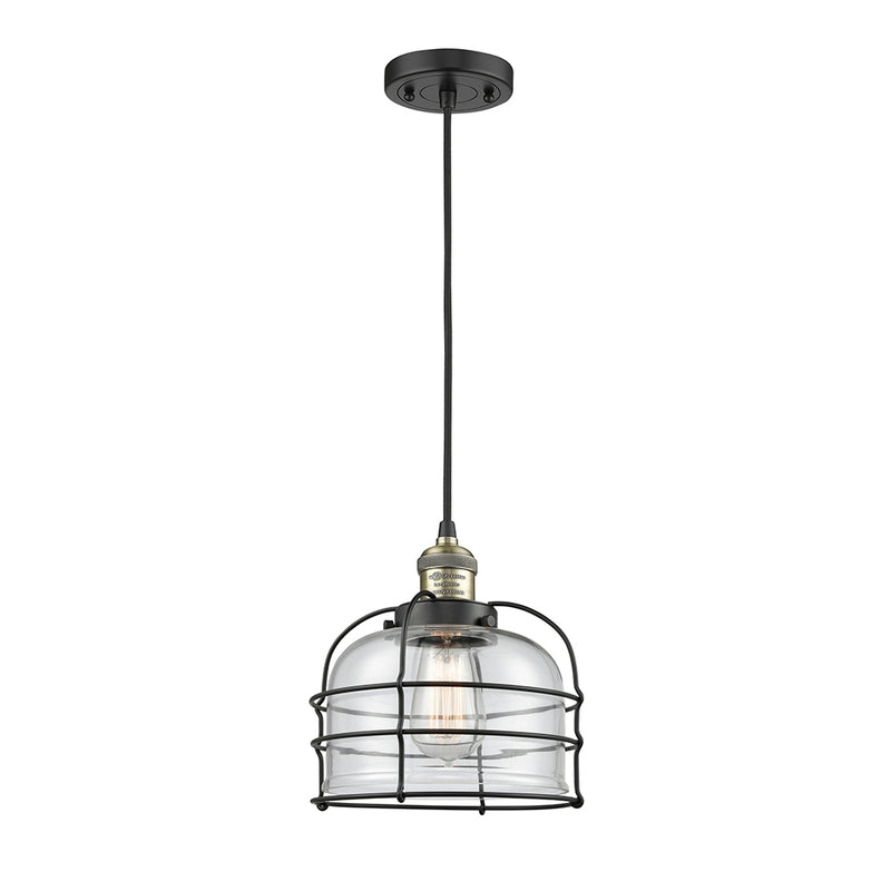 Bell Cage Mini Pendant shown in the Black Antique Brass finish with a Clear shade