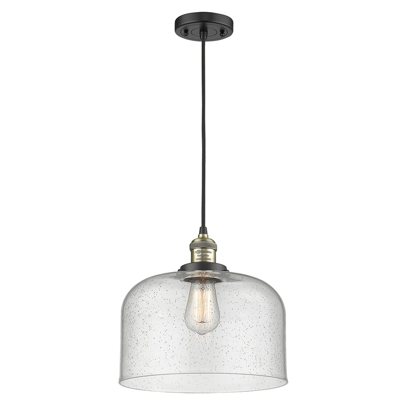 Bell Mini Pendant shown in the Black Antique Brass finish with a Seedy shade