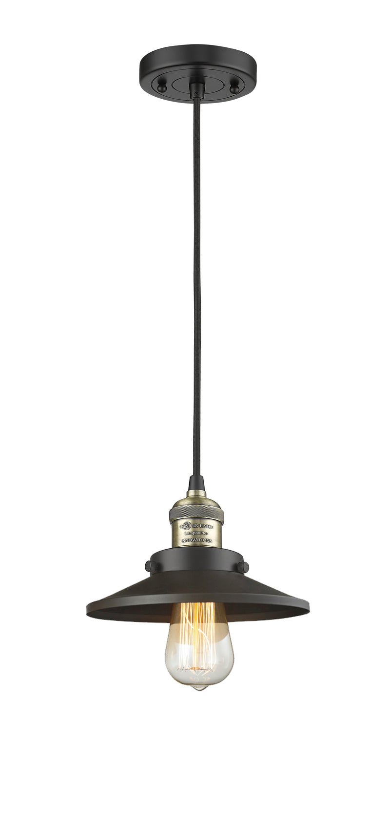 Innovations Lighting Railroad 1-100 watt 8 inch Black Antique Brass Mini Pendant with Matte Black Railroad shades  201CBABM6