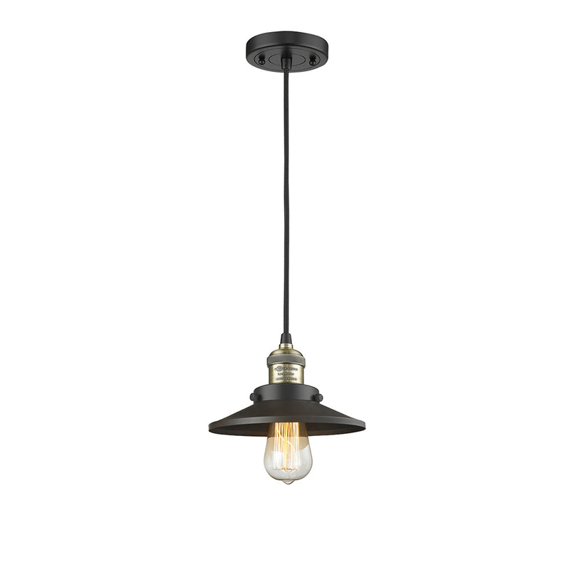 Railroad Mini Pendant shown in the Black Antique Brass finish with a Matte Black shade