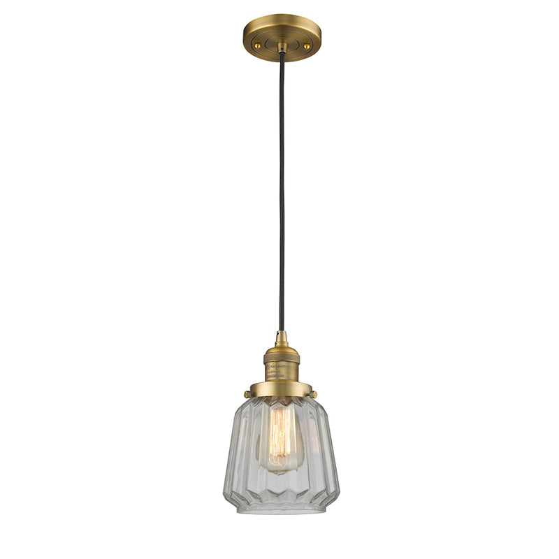 Chatham Mini Pendant shown in the Brushed Brass finish with a Clear shade