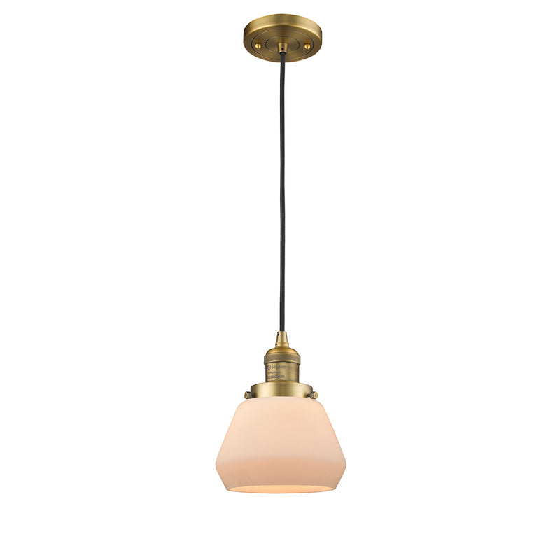 Fulton Mini Pendant shown in the Brushed Brass finish with a Matte White shade