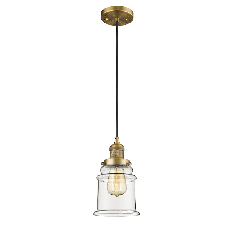 Canton Mini Pendant shown in the Brushed Brass finish with a Clear shade