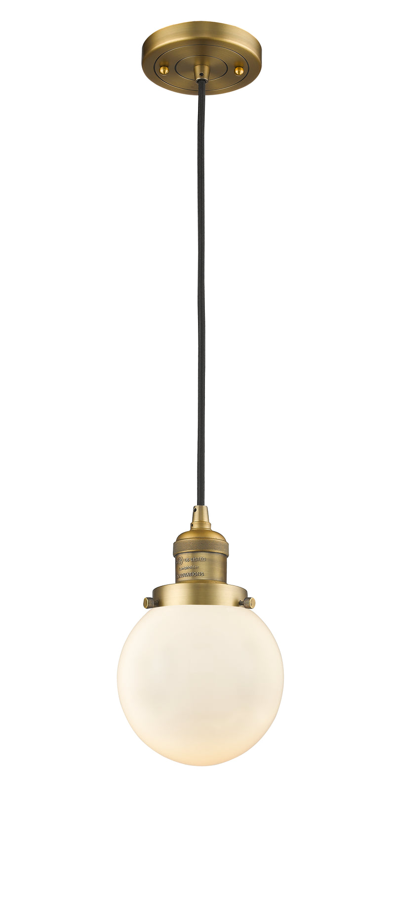 Innovations Lighting Beacon 1-100 watt 6 inch Brushed Brass Mini Pendant with Matte White Cased glass 201CBBG2016