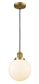 Innovations Lighting Beacon 1-100 watt 8 inch Brushed Brass Mini Pendant with Matte White Cased glass 201CBBG2018