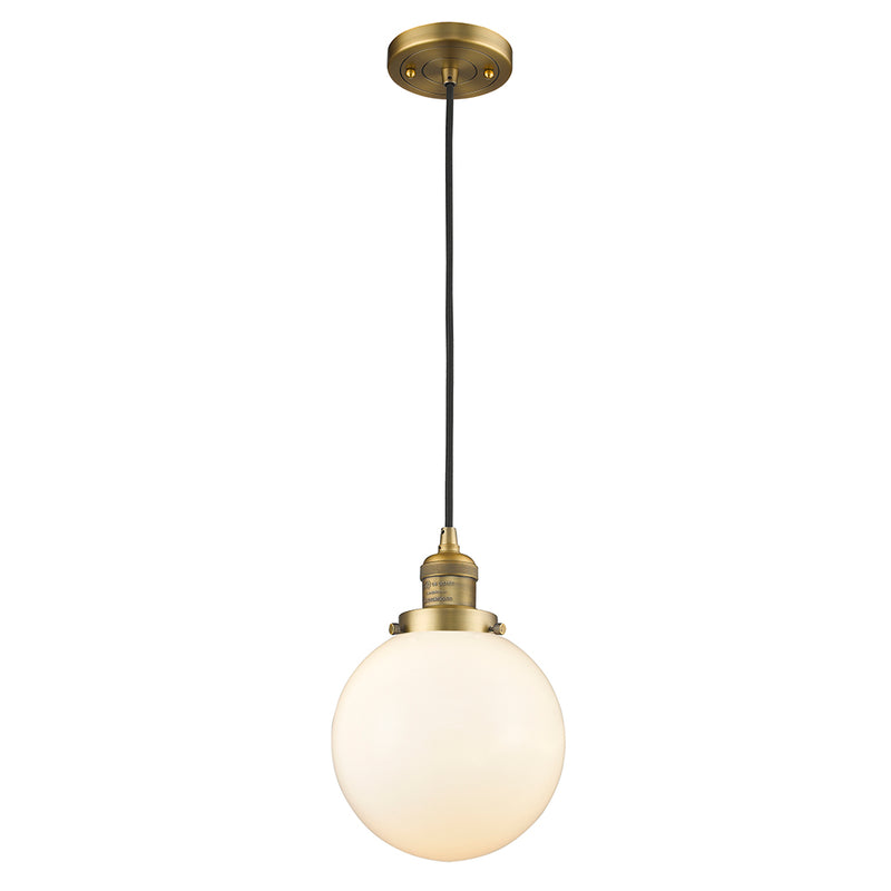 Beacon Mini Pendant shown in the Brushed Brass finish with a Matte White shade