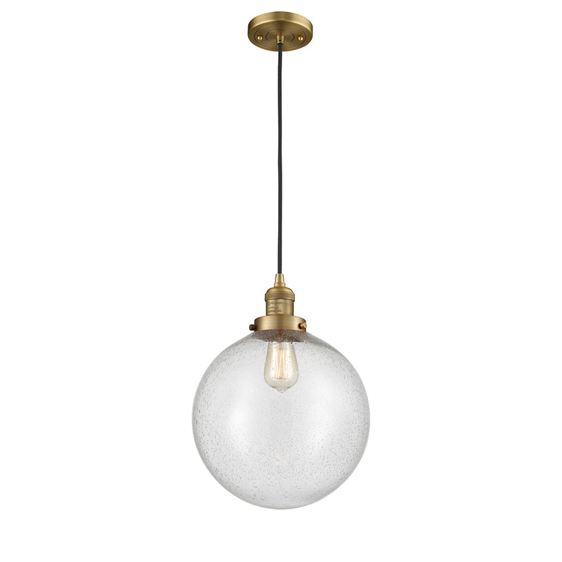 Beacon Mini Pendant shown in the Brushed Brass finish with a Seedy shade