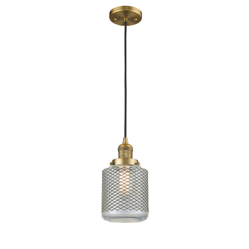 Stanton Mini Pendant shown in the Brushed Brass finish with a Clear Wire Mesh shade