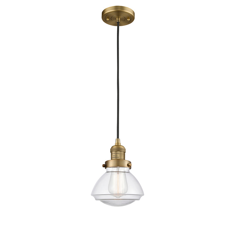 Olean Mini Pendant shown in the Brushed Brass finish with a Clear shade