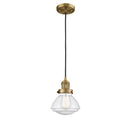 Olean Mini Pendant shown in the Brushed Brass finish with a Seedy shade