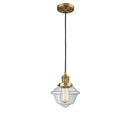 Oxford Mini Pendant shown in the Brushed Brass finish with a Clear shade