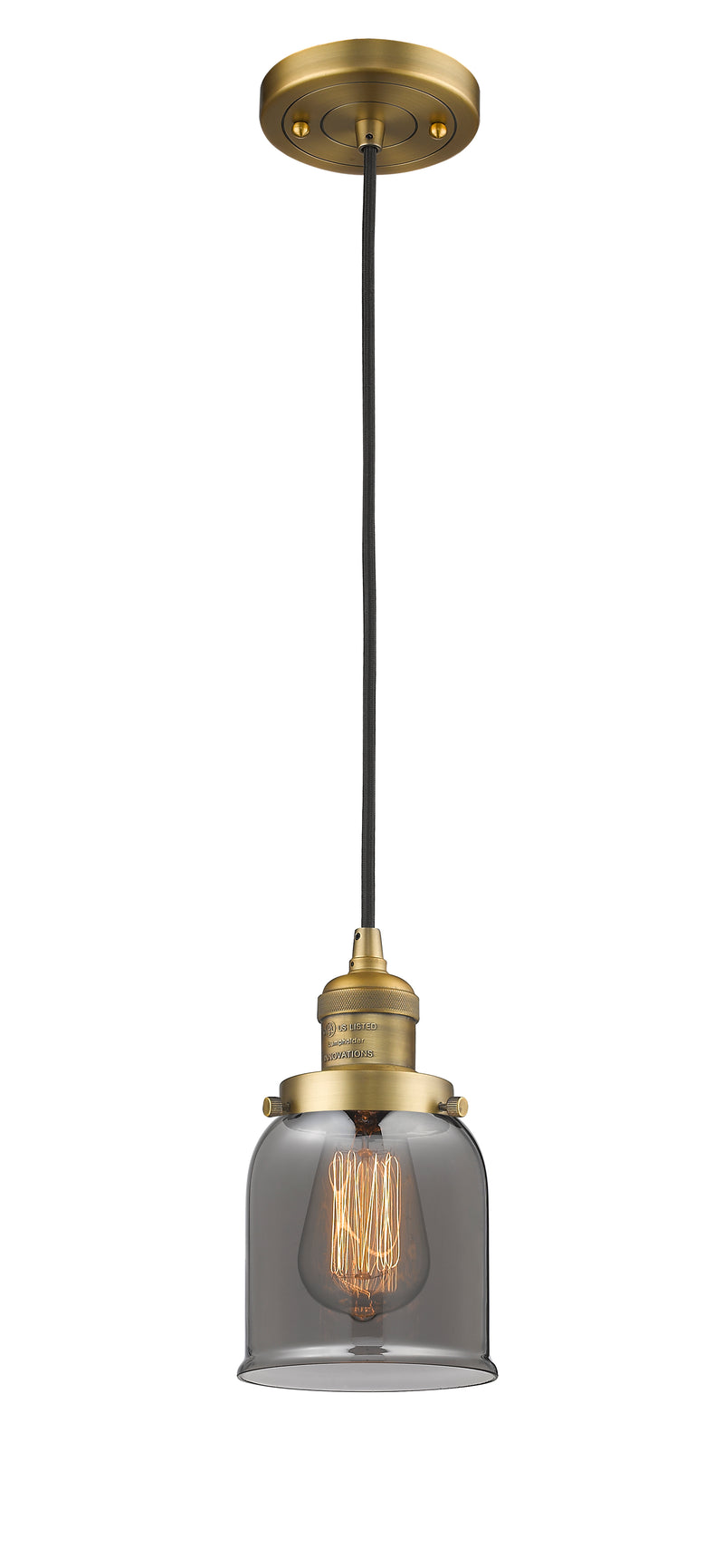 Innovations Lighting Small Bell 1-100 watt 5 inch Brushed Brass Mini Pendant with Smoked glass 201CBBG53