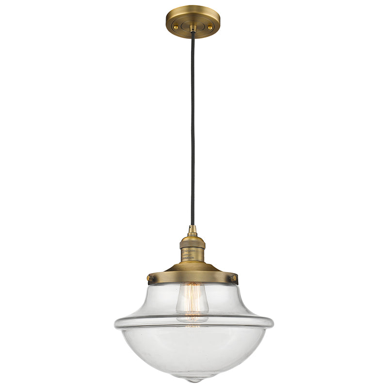 Oxford Mini Pendant shown in the Brushed Brass finish with a Clear shade