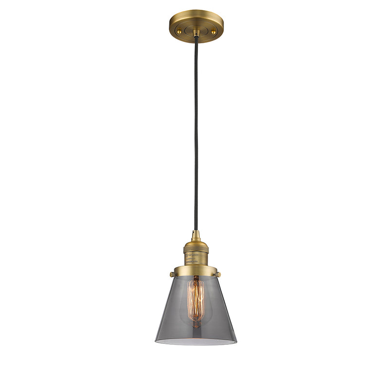 Cone Mini Pendant shown in the Brushed Brass finish with a Plated Smoke shade