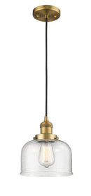 Innovations Lighting Large Bell 1-100 watt 8 inch Brushed Brass Mini Pendant with Seedy glass 201CBBG74