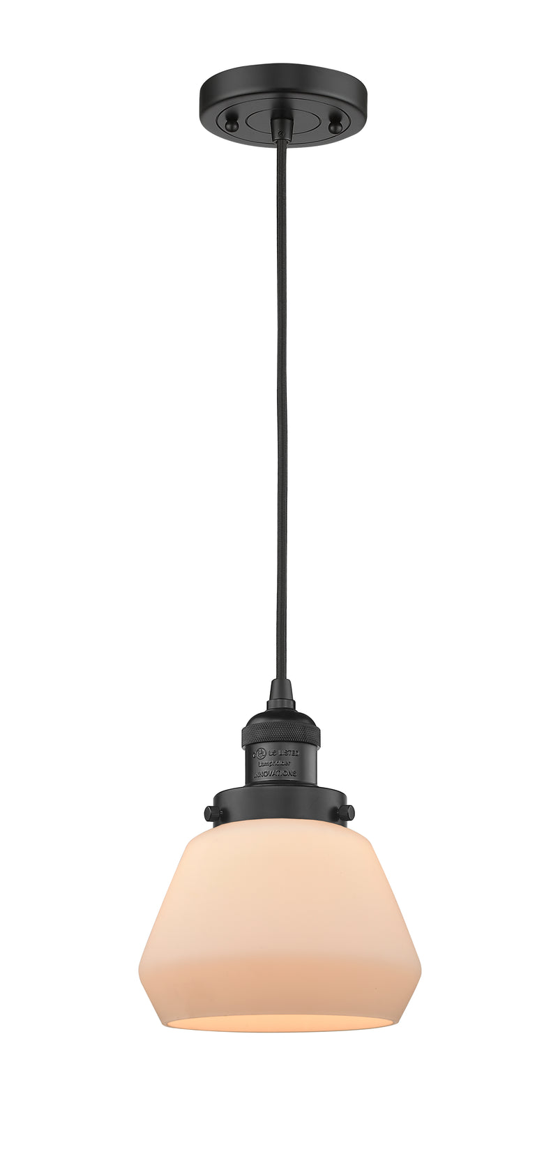 Innovations Lighting Fulton 1-100 watt 7 inch Black Mini Pendant with Matte White Cased glass 201CBKG171