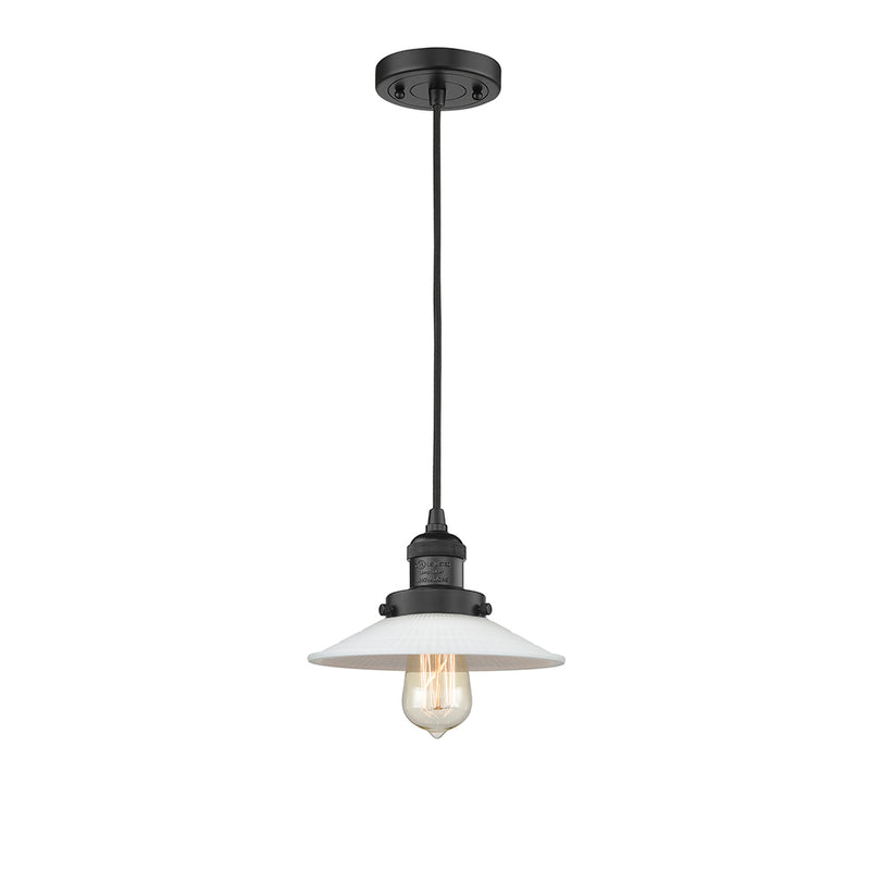 Halophane Mini Pendant shown in the Matte Black finish with a Matte White Halophane shade