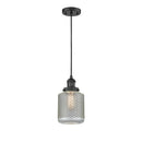 Stanton Mini Pendant shown in the Matte Black finish with a Clear Wire Mesh shade