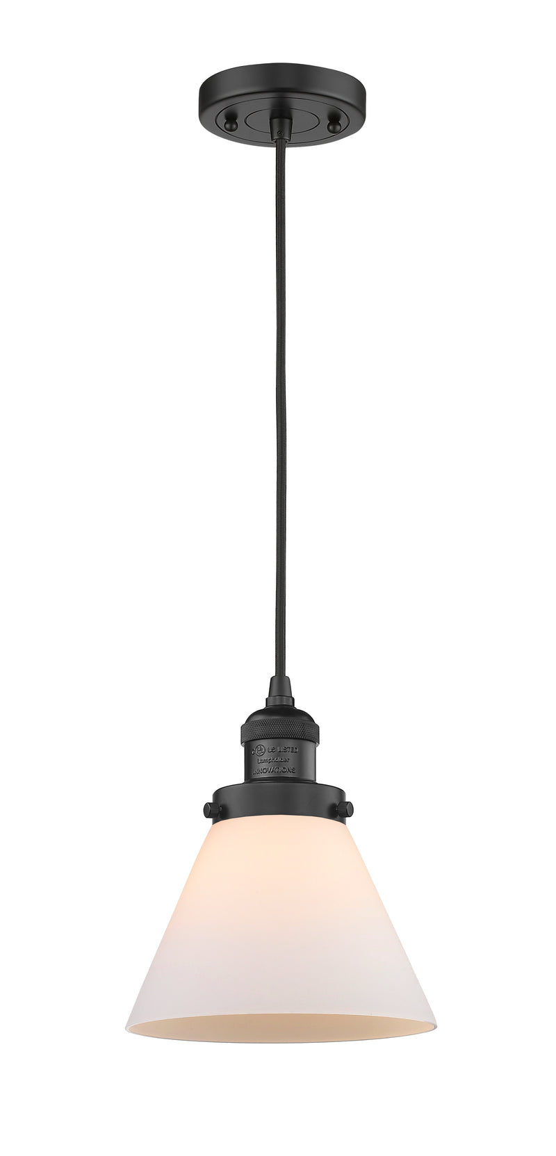 Innovations Lighting Large Cone 1-100 watt 8 inch Black Mini Pendant with Matte White Cased glass 201CBKG41