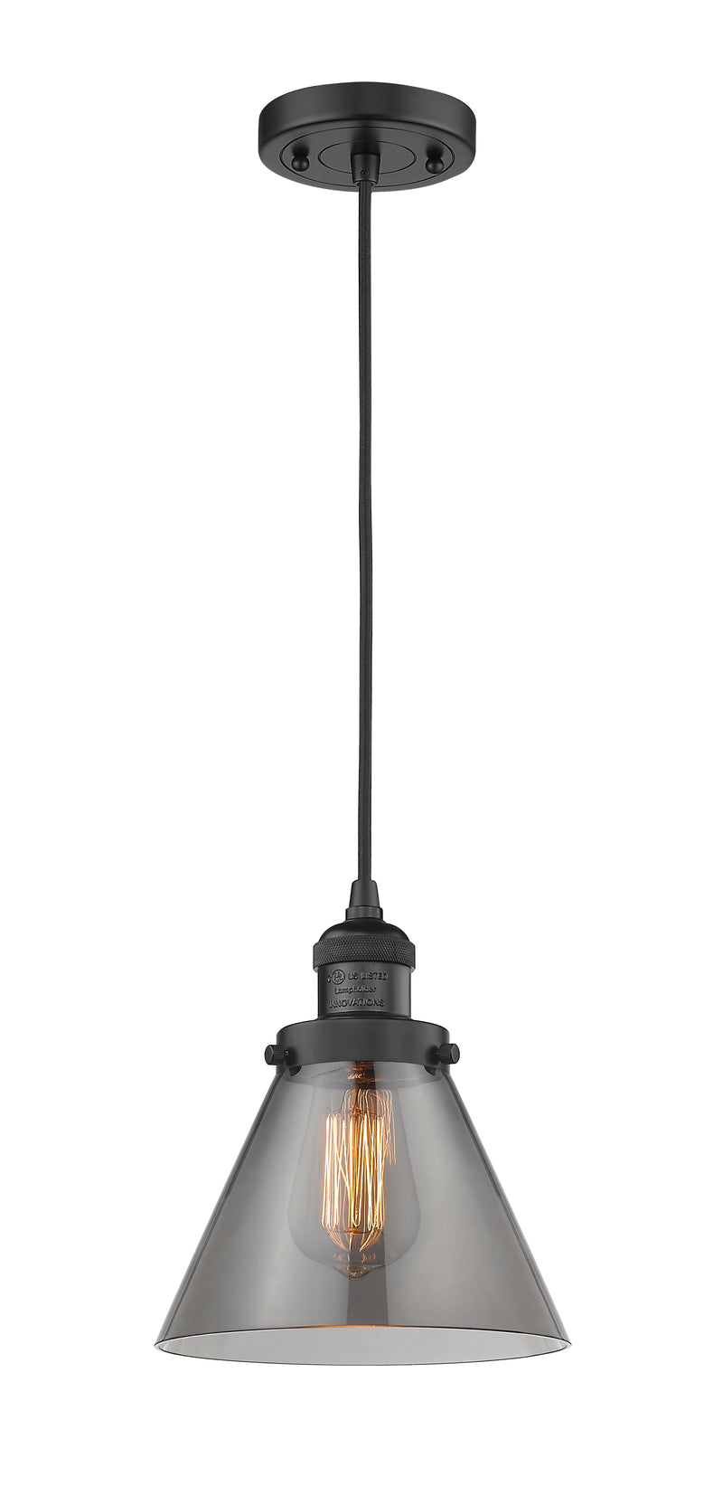 Innovations Lighting Large Cone 1-100 watt 8 inch Black Mini Pendant with Smoked glass 201CBKG43