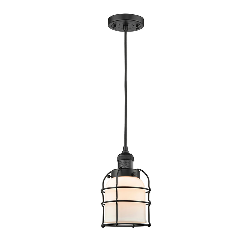 Bell Cage Mini Pendant shown in the Matte Black finish with a Matte White shade