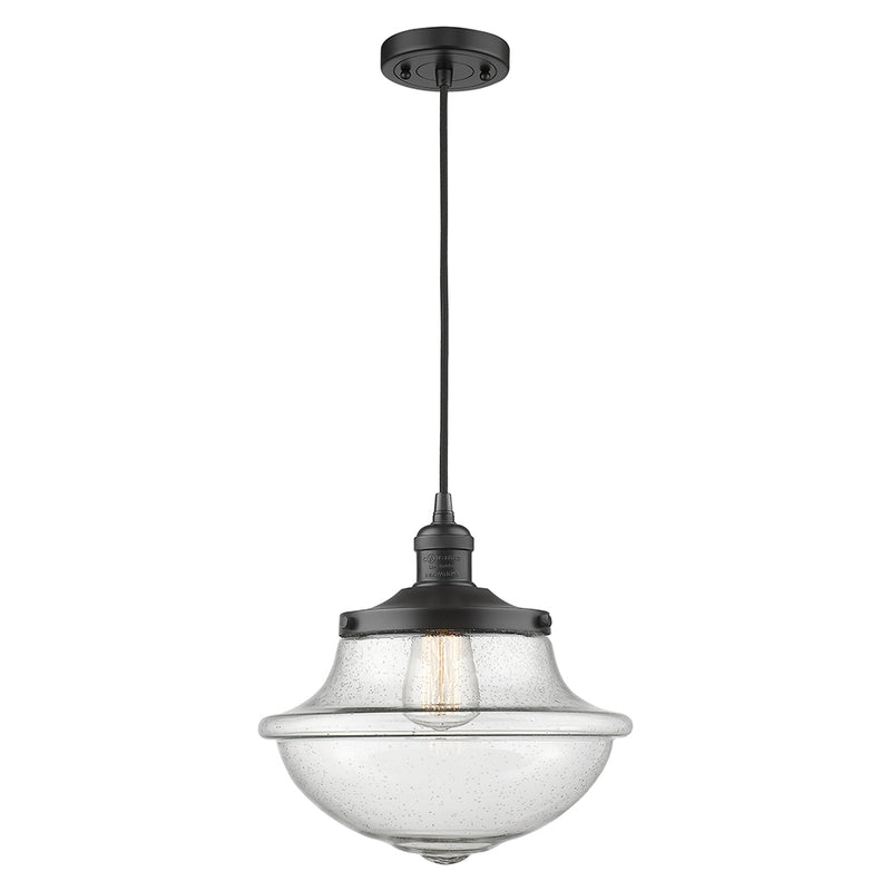 Oxford Mini Pendant shown in the Matte Black finish with a Seedy shade