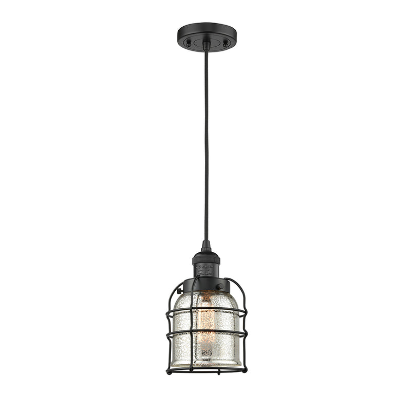 Bell Cage Mini Pendant shown in the Matte Black finish with a Silver Plated Mercury shade