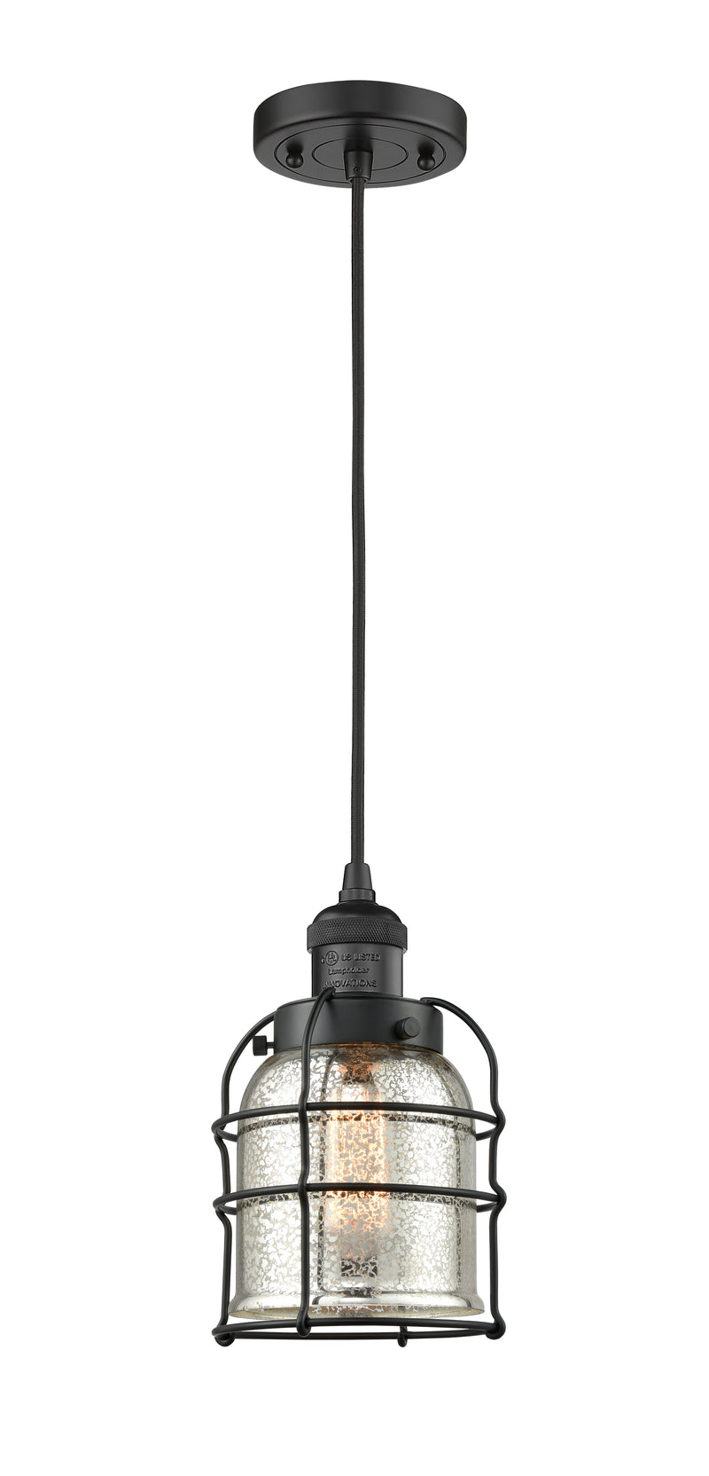 Innovations Lighting Small Bell Cage 1-100 watt 8 inch Black Mini Pendant with Silver Mercury glass 201CBKG58CE