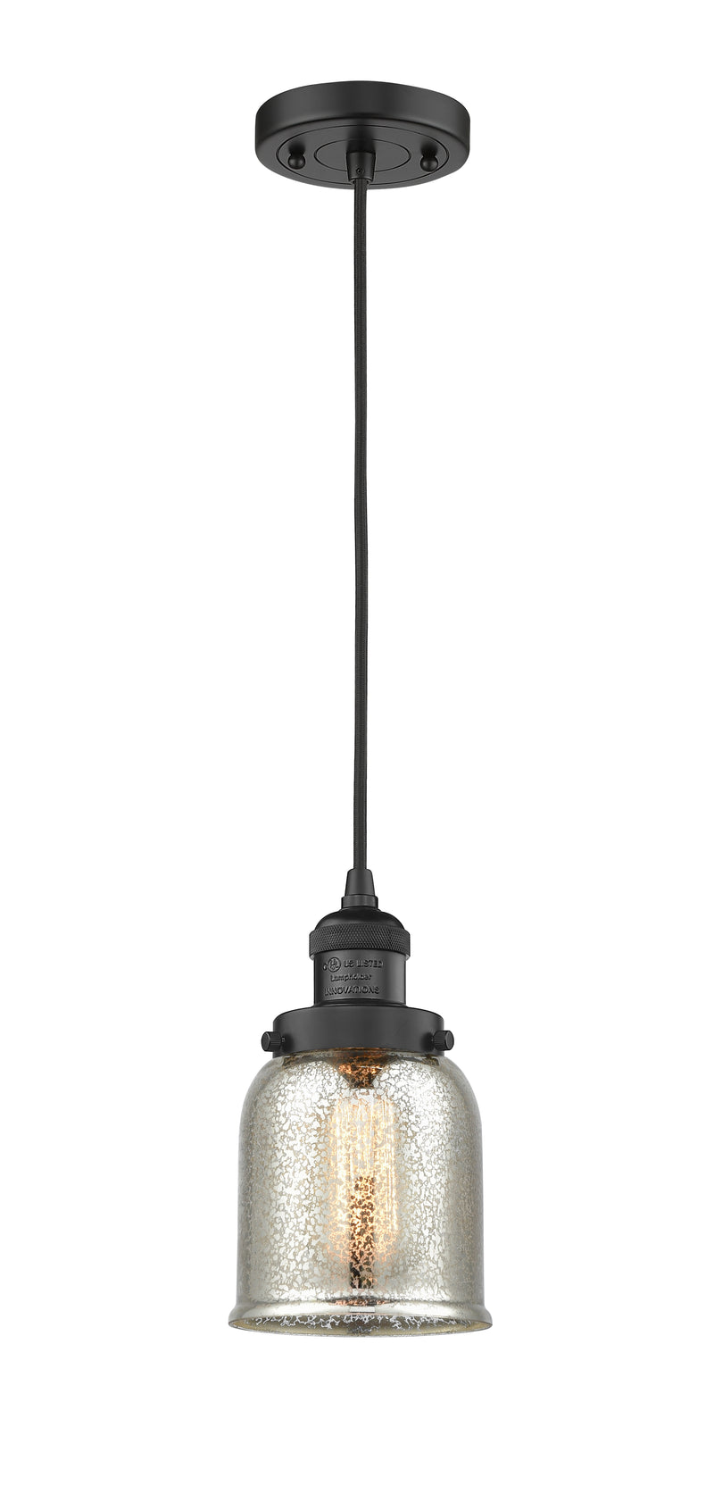 Innovations Lighting Small Bell 1-100 watt 5 inch Black Mini Pendant with Silver Plated Mercury glass 201CBKG58