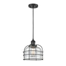 Bell Cage Mini Pendant shown in the Matte Black finish with a Seedy shade