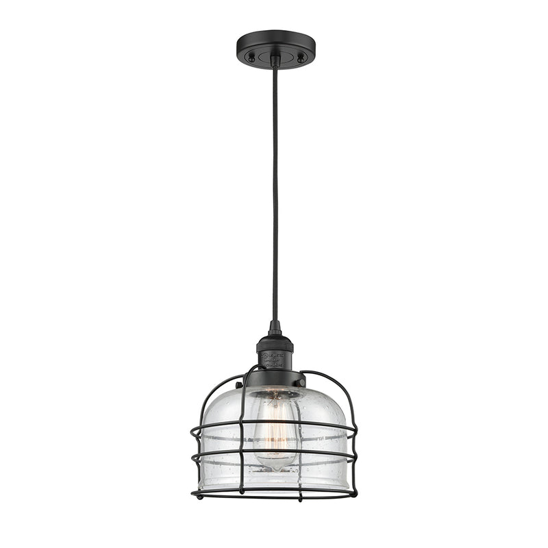 Bell Cage Mini Pendant shown in the Matte Black finish with a Seedy shade