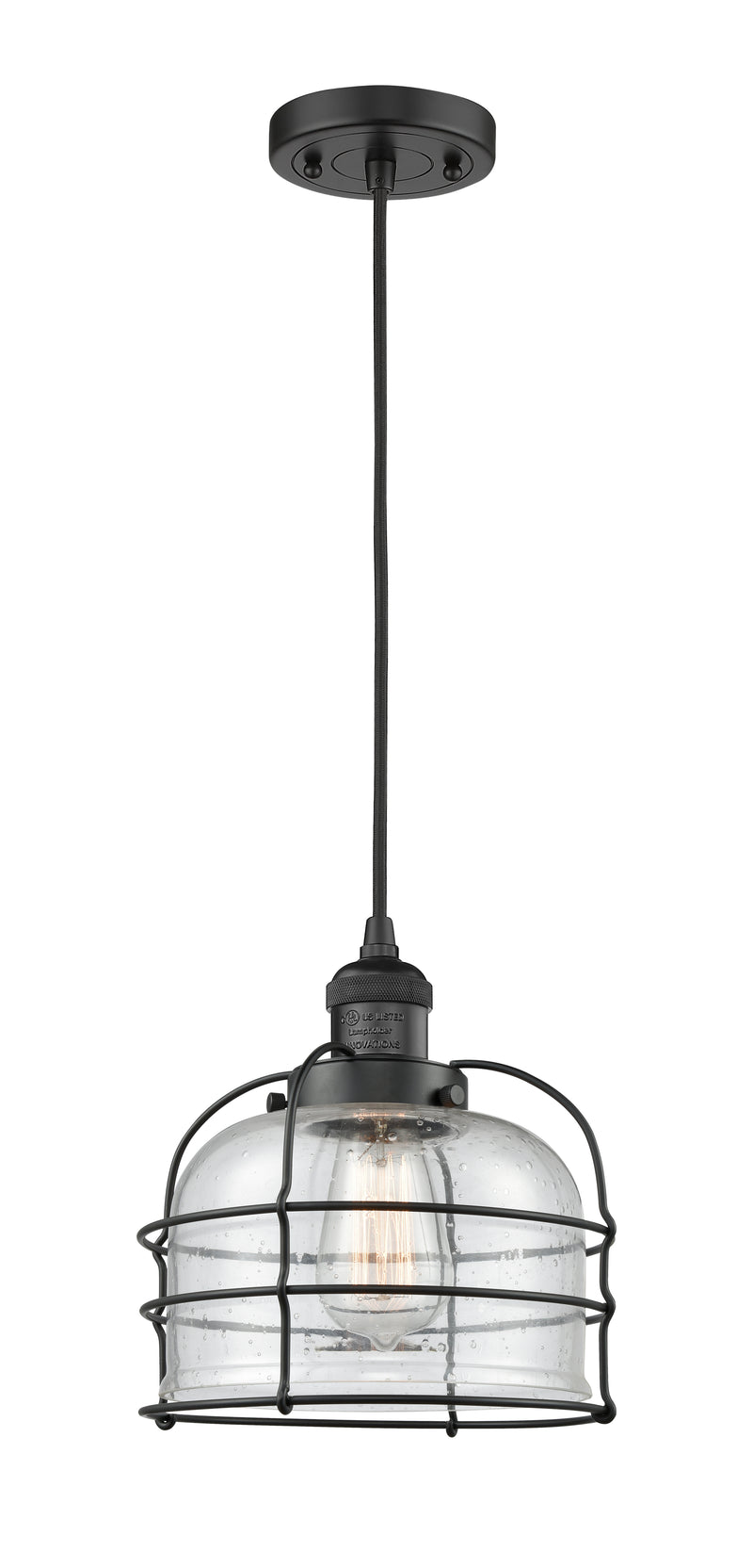 Innovations Lighting Large Bell Cage 1-100 watt 8 inch Black Mini Pendant with Seedy glass 201CBKG74CE