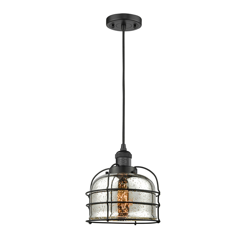 Bell Cage Mini Pendant shown in the Matte Black finish with a Silver Plated Mercury shade