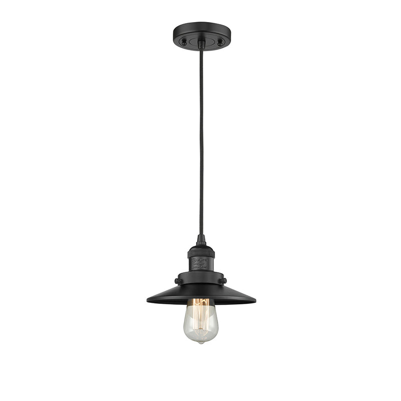 Railroad Mini Pendant shown in the Matte Black finish with a Matte Black shade