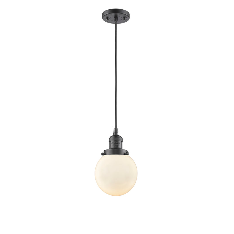 Beacon Mini Pendant shown in the Oil Rubbed Bronze finish with a Matte White shade