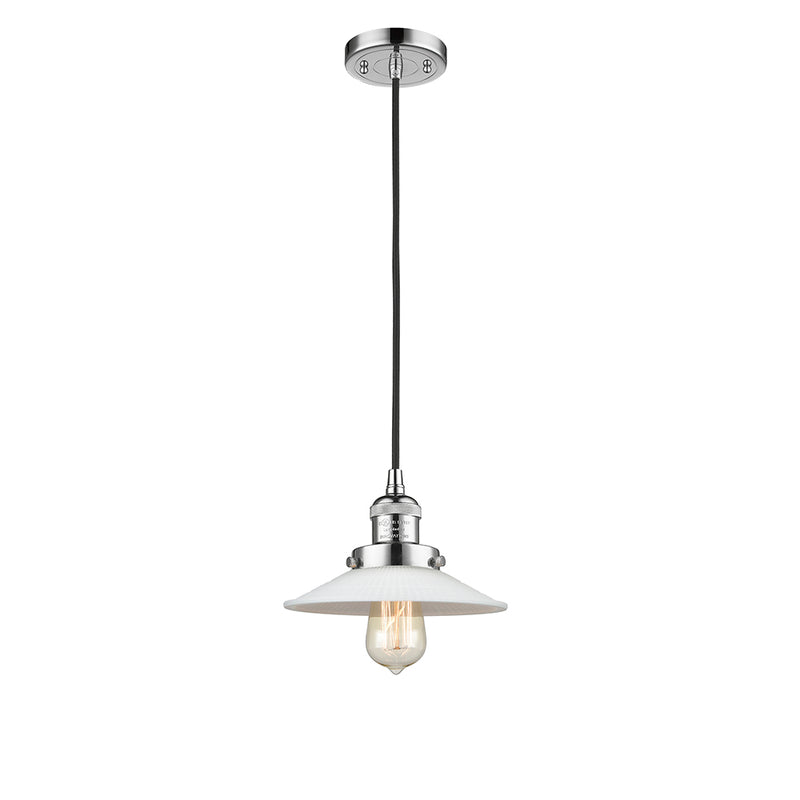 Halophane Mini Pendant shown in the Polished Chrome finish with a Matte White Halophane shade