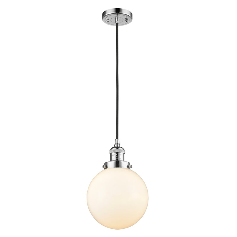 Beacon Mini Pendant shown in the Polished Chrome finish with a Matte White shade