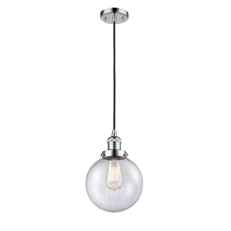 Beacon Mini Pendant shown in the Polished Chrome finish with a Seedy shade