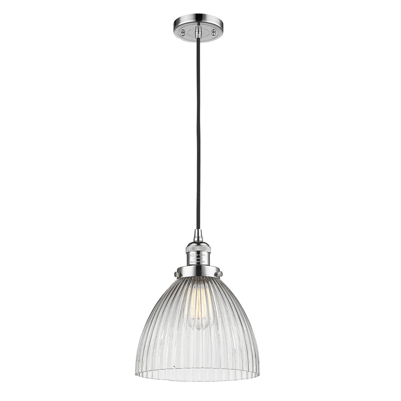 Seneca Falls Mini Pendant shown in the Polished Chrome finish with a Clear Halophane shade