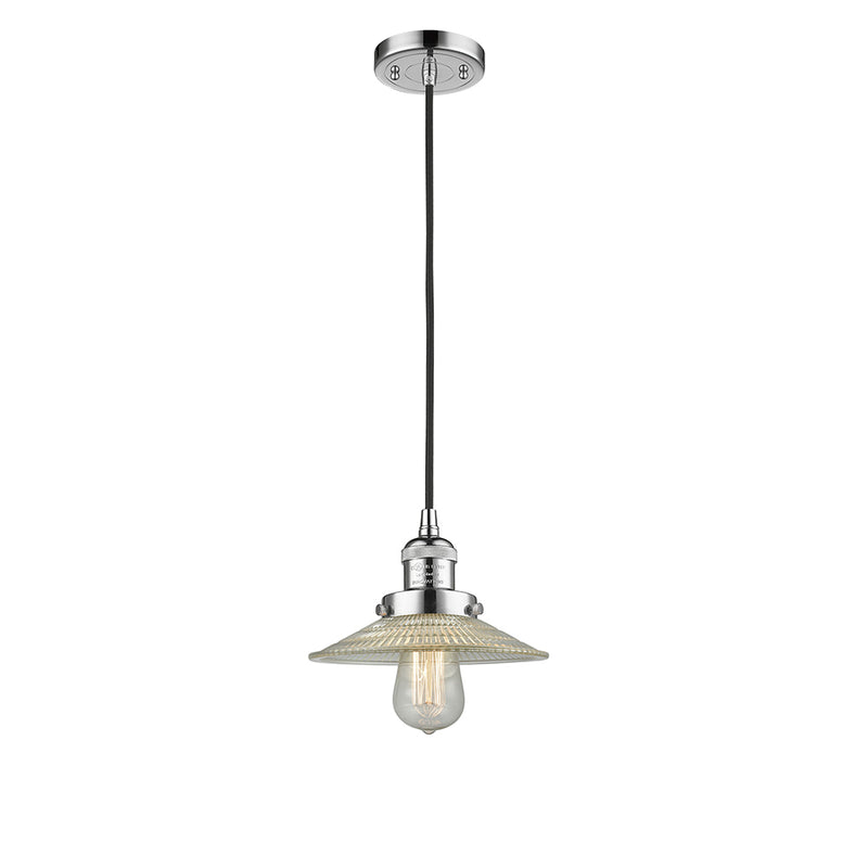 Halophane Mini Pendant shown in the Polished Chrome finish with a Clear Halophane shade