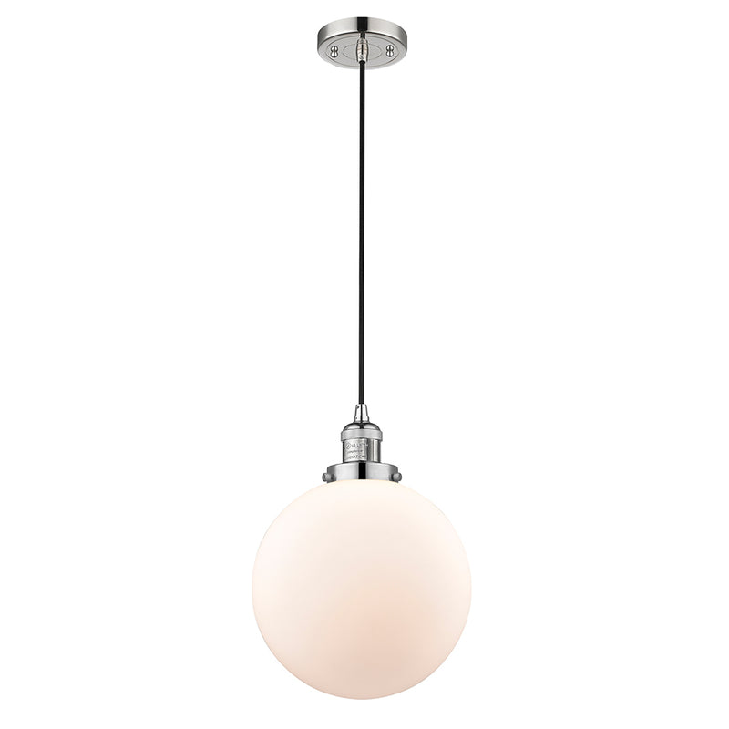 Beacon Mini Pendant shown in the Polished Nickel finish with a Matte White shade