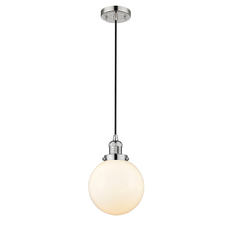 Beacon Mini Pendant shown in the Polished Nickel finish with a Matte White shade