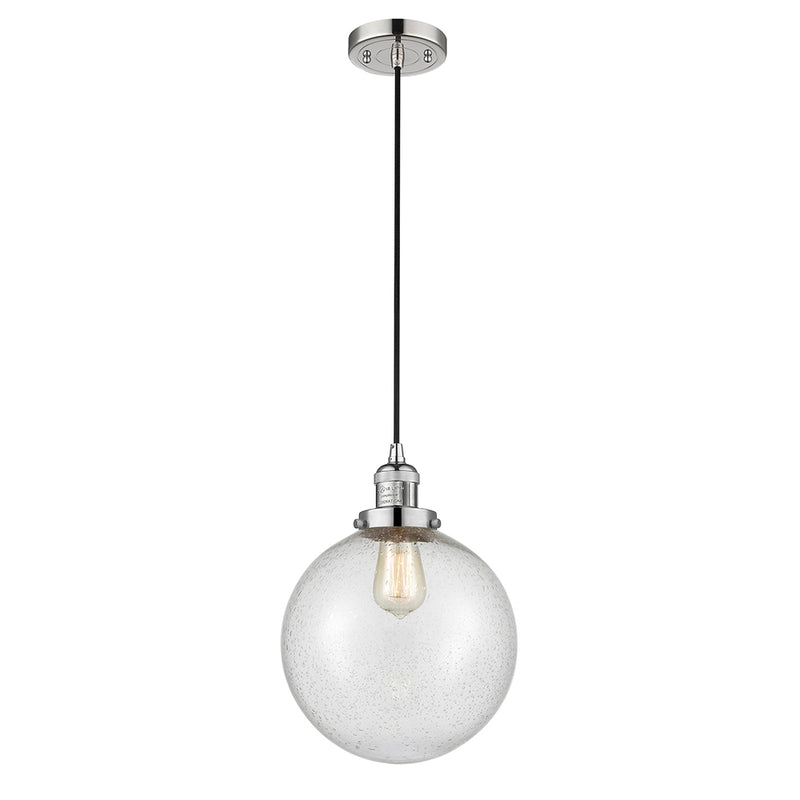 Beacon Mini Pendant shown in the Polished Nickel finish with a Seedy shade